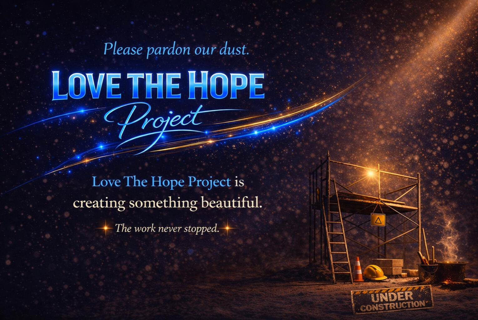 📷 ID: A poster with text and an image of a starry sky Please pardon our dust. LOVE THE HOPE Project. Love The Hope Project is creating something beautiful.. The work never stopped.. UNDER CONSTRUCTION
